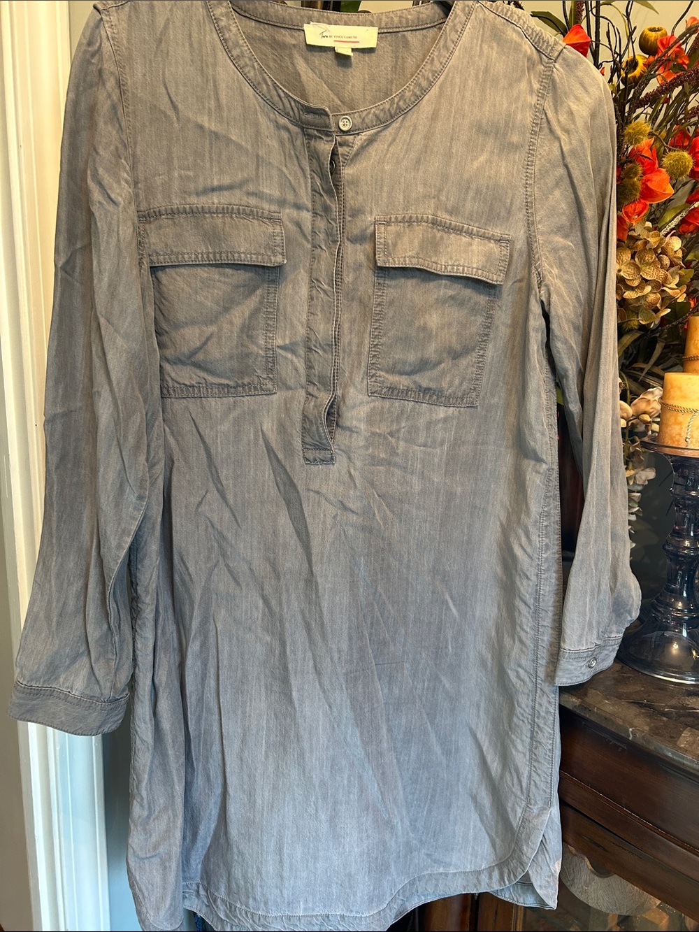 Vince Camuto Light Gray Denim Henley Shirt dress